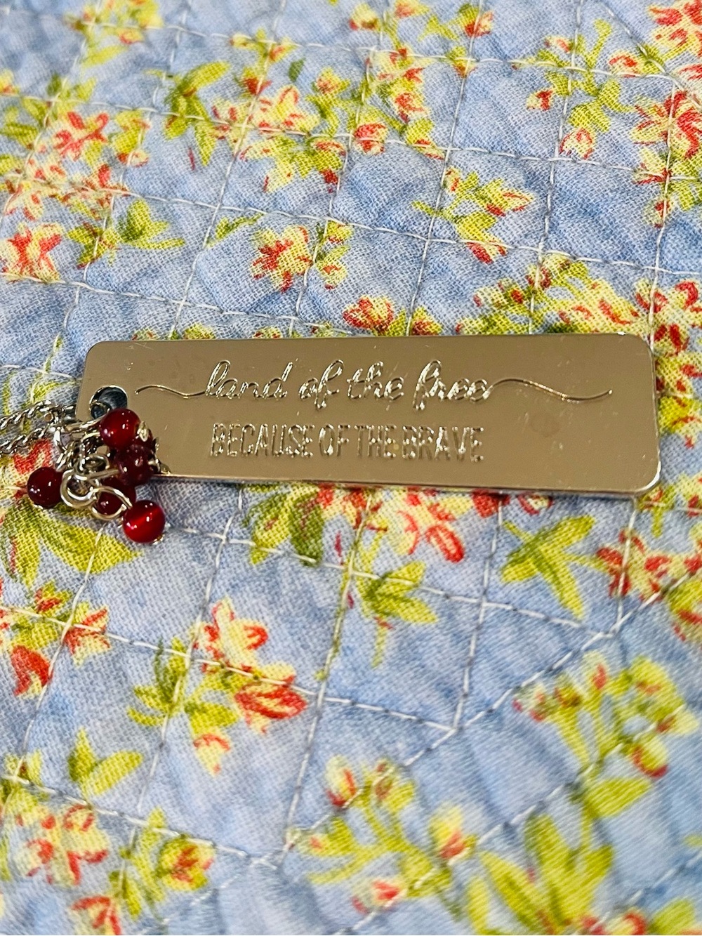 Land of the Free Silver Bar Long Necklace with Red Bead Accents
